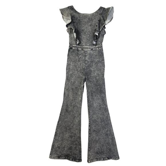 Vici Womens Jonesy Flared Leg Denim Jumpsuit Size Medium Black Acid Wash Ruffle - Picture 2 of 14